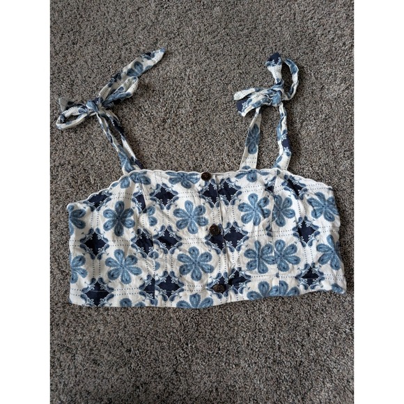 Agua Bendita x Target Tops - Agua Bendita x Target Blue Floral Scalloped Tie Strap Smocked‎ Crop Top XL